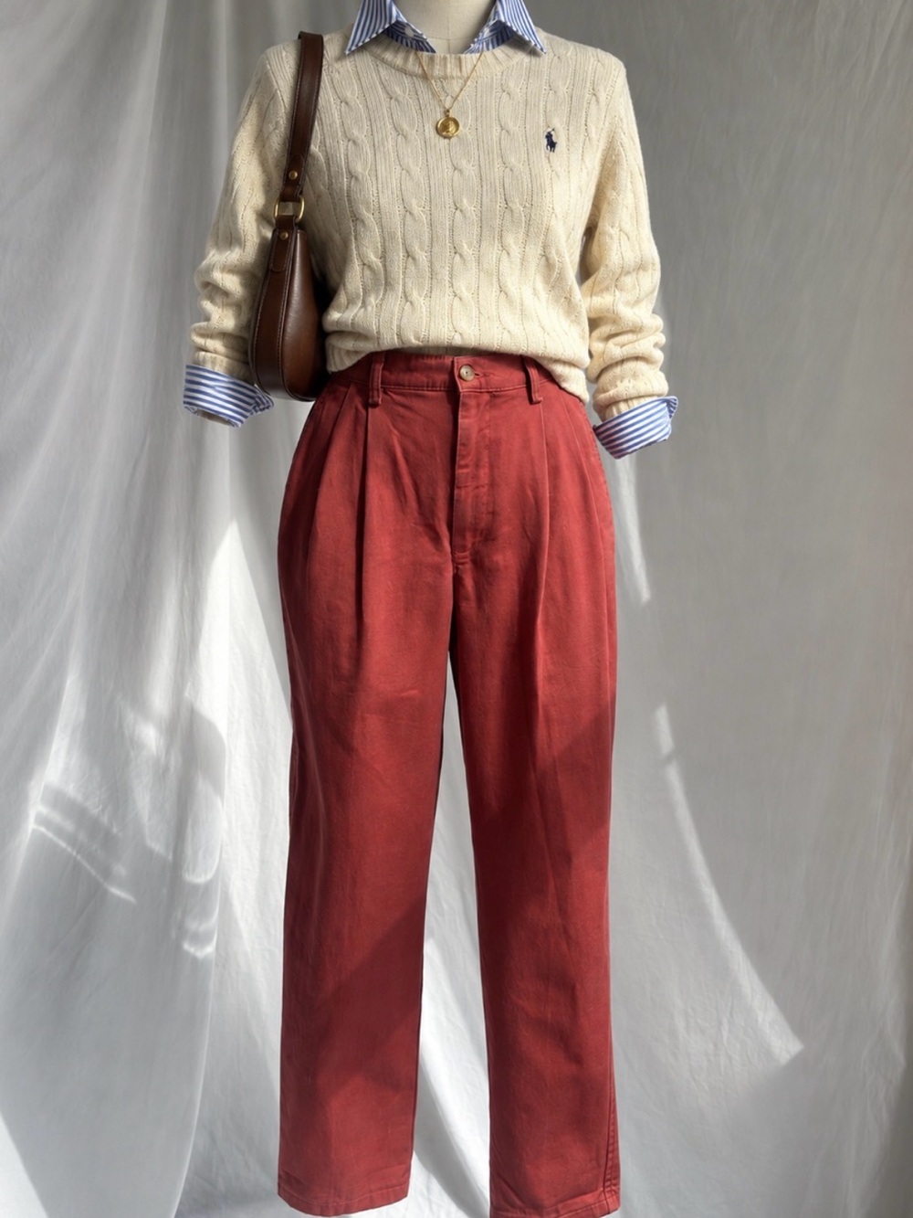 Vintage 90s Lands’ End High Rise Pleated Cotton Trousers Brick Red USA 6